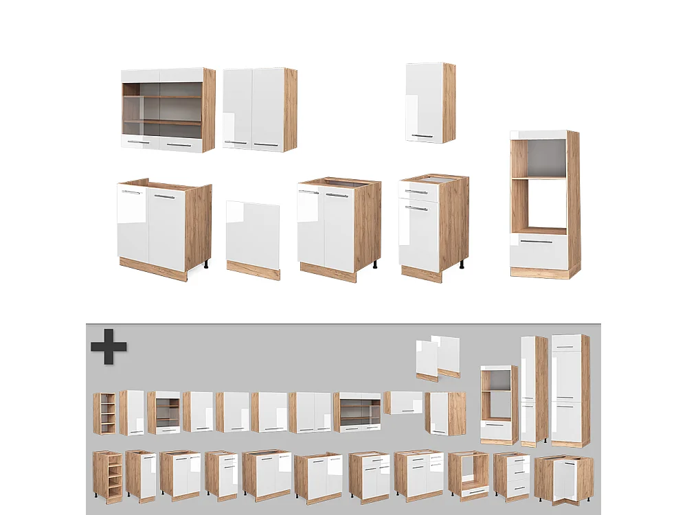 Mueble de cocina blanco brillo intenso/roble dorado 300x60x81.6 fame-line