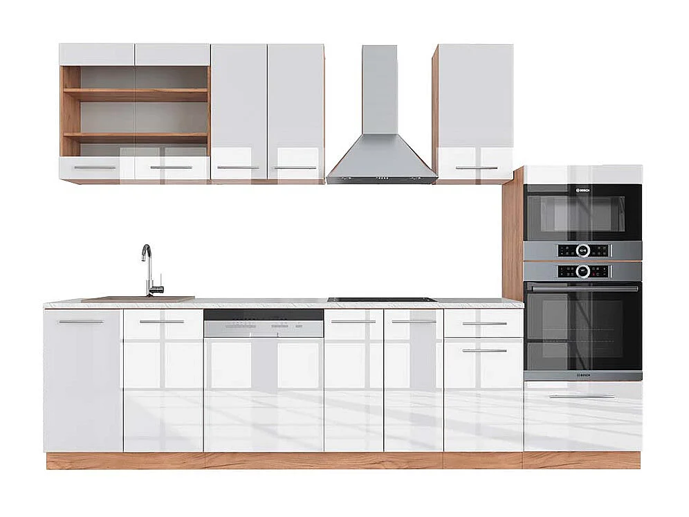 Cuisine blanc brillant/chêne doré 300x60x81.6 fame-line