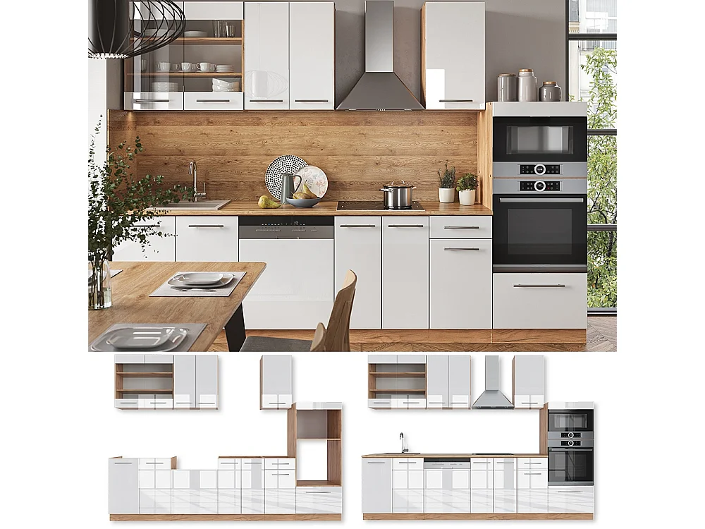 Cuisine blanc brillant/chêne doré 300x60x81.6 fame-line