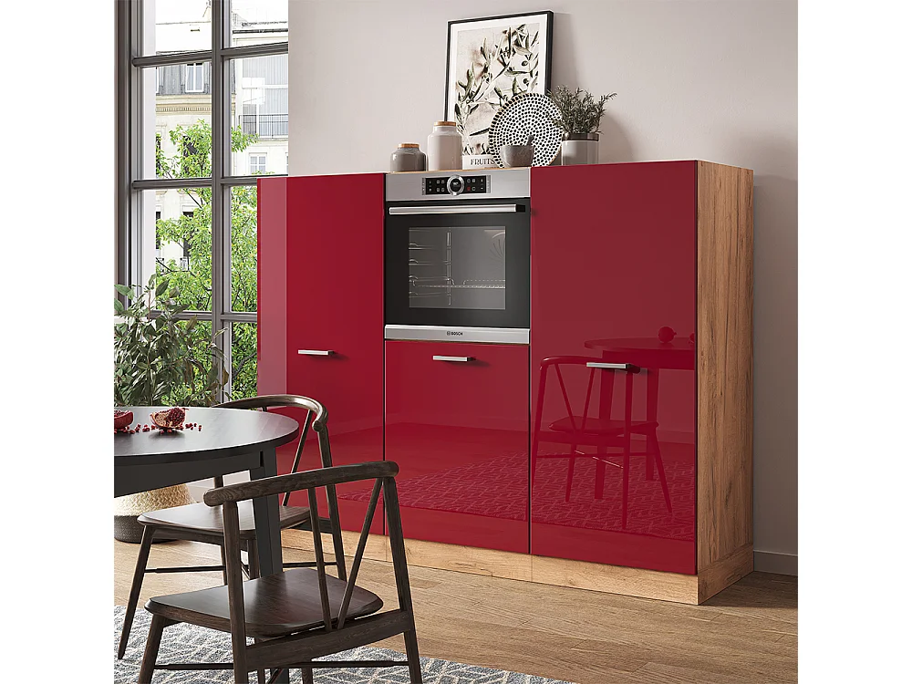 Küchenblock rot hochglanz/goldkraft eiche 180x46x81.6 r-line