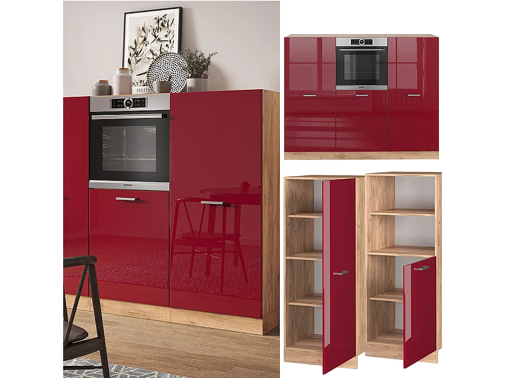Küchenblock rot hochglanz/goldkraft eiche 180x46x81.6 r-line