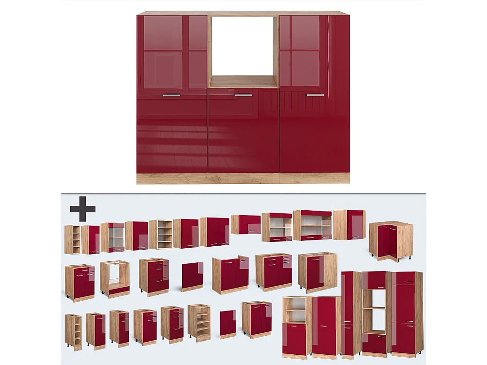 Küchenblock rot hochglanz/goldkraft eiche 180x46x81.6 r-line
