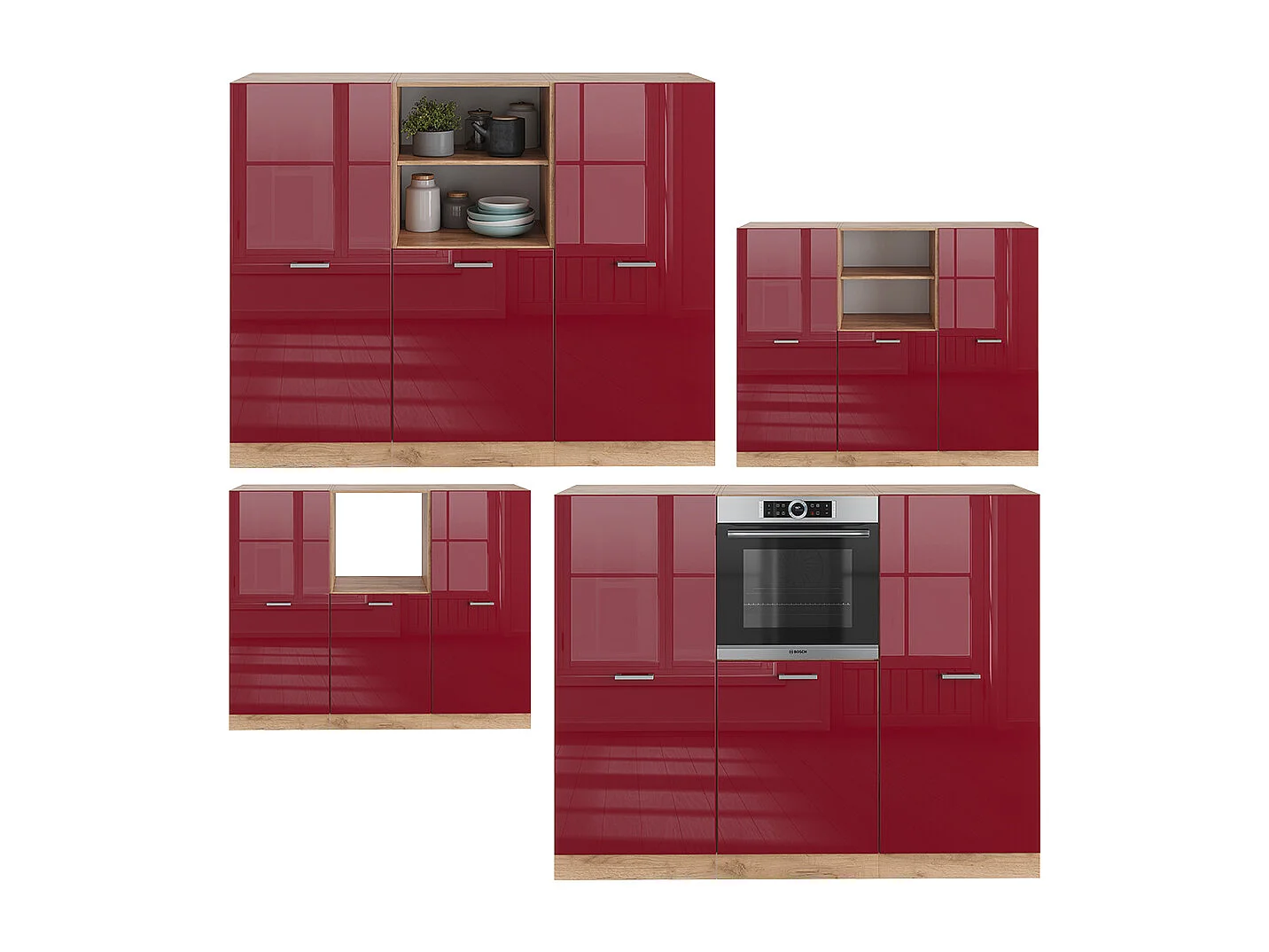 Bloc cuisine rouge brillant/chêne doré 180x46x81.6 r-line