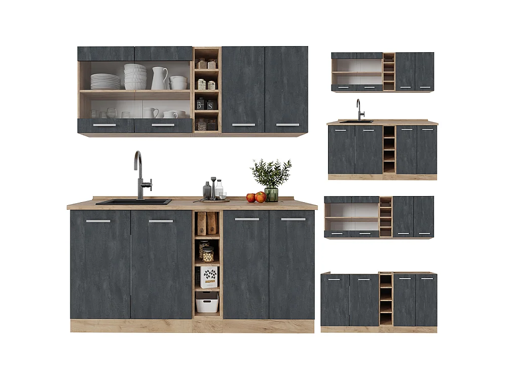 Cuisine béton noir/chêne doré 160x46x81.6 r-line