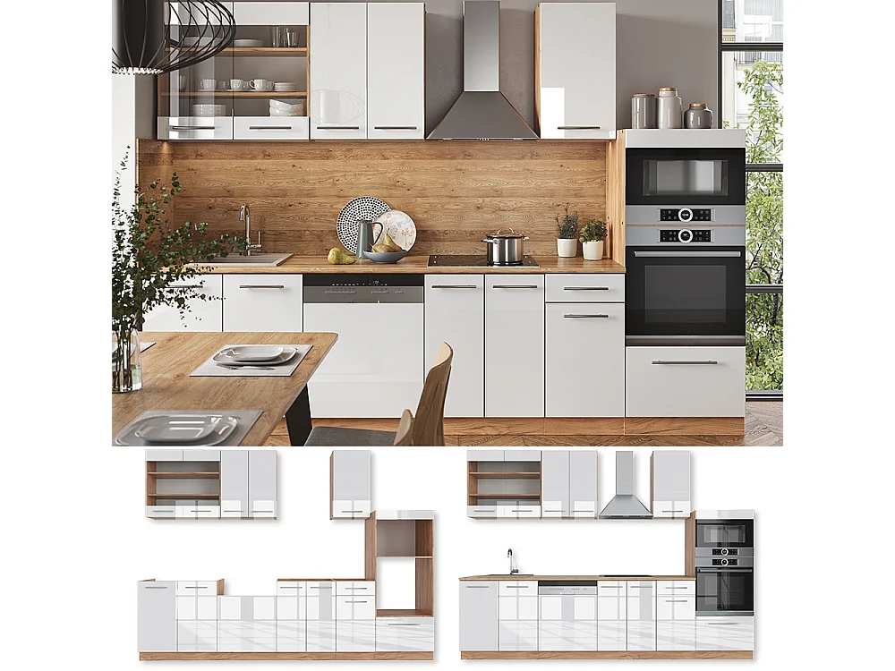 Mueble de cocina blanco brillo intenso/roble dorado 300x46x81.6 fame-line