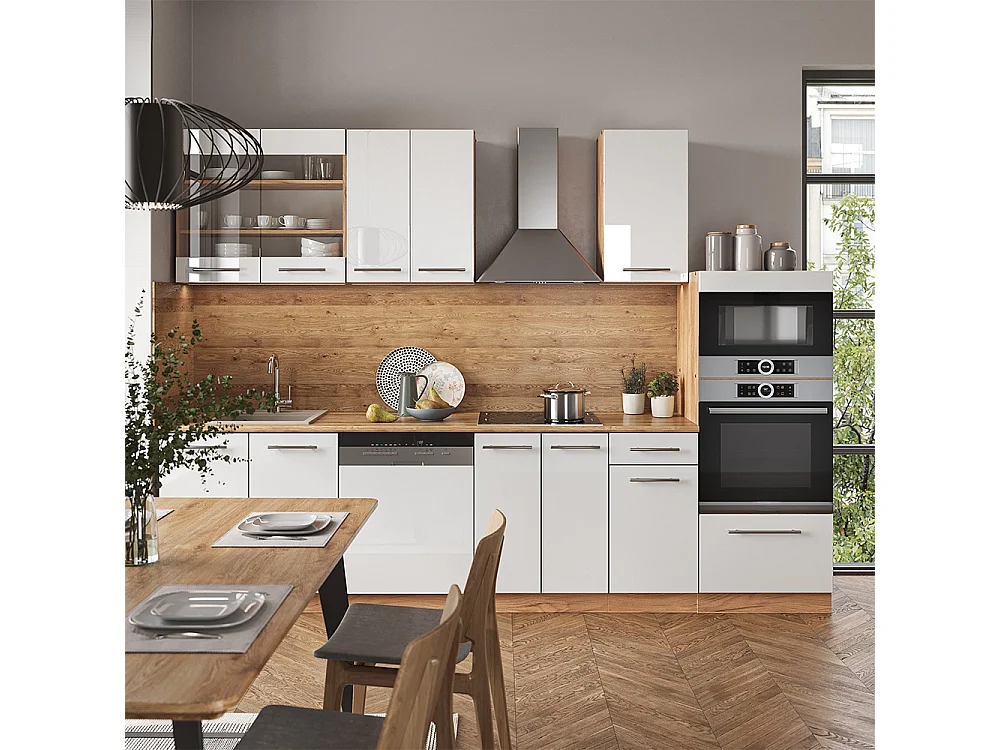 Mueble de cocina blanco brillo intenso/roble dorado 300x46x81.6 fame-line