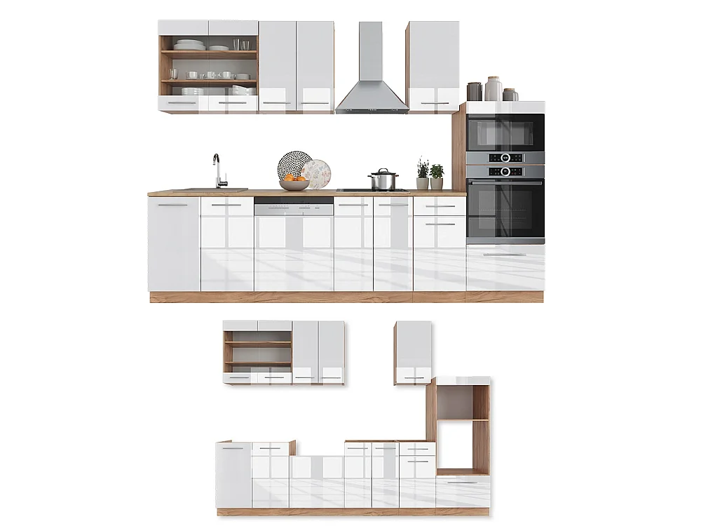 Mueble de cocina blanco brillo intenso/roble dorado 300x46x81.6 fame-line