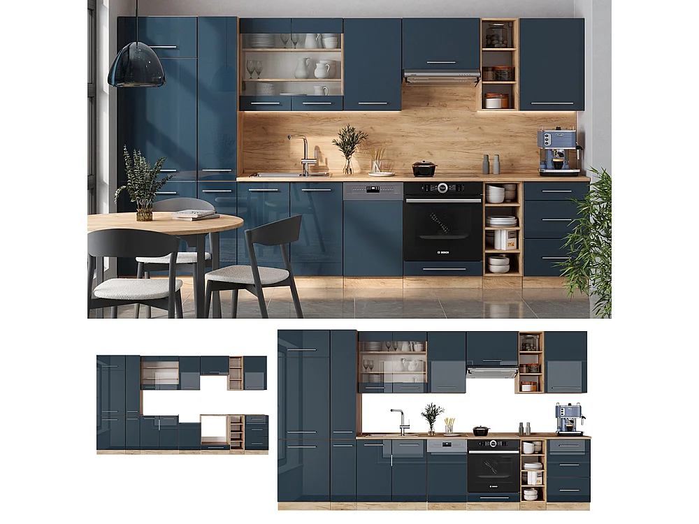 Muebles de cocina azul oscuro alto brillo/roble dorado 355x46x81.6 fame-line
