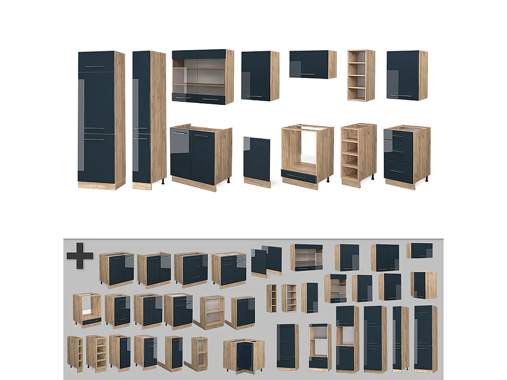 Muebles de cocina azul oscuro alto brillo/roble dorado 355x46x81.6 fame-line