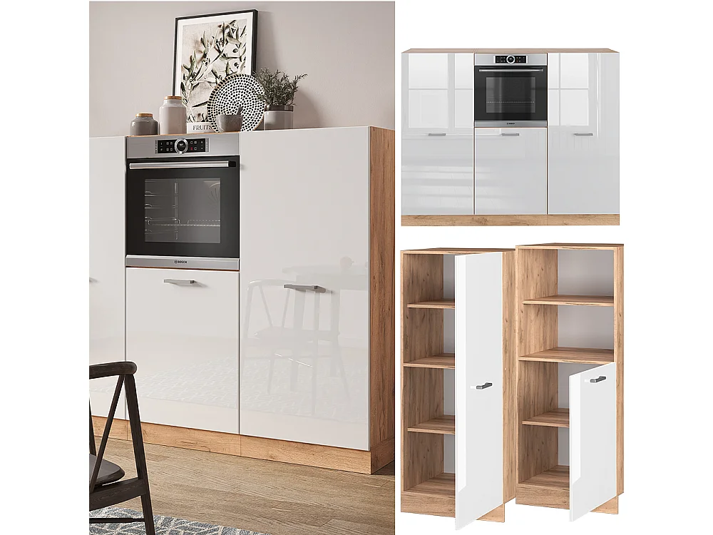 Bloc cuisine blanc brillant/chêne doré 180x46x81.6 r-line