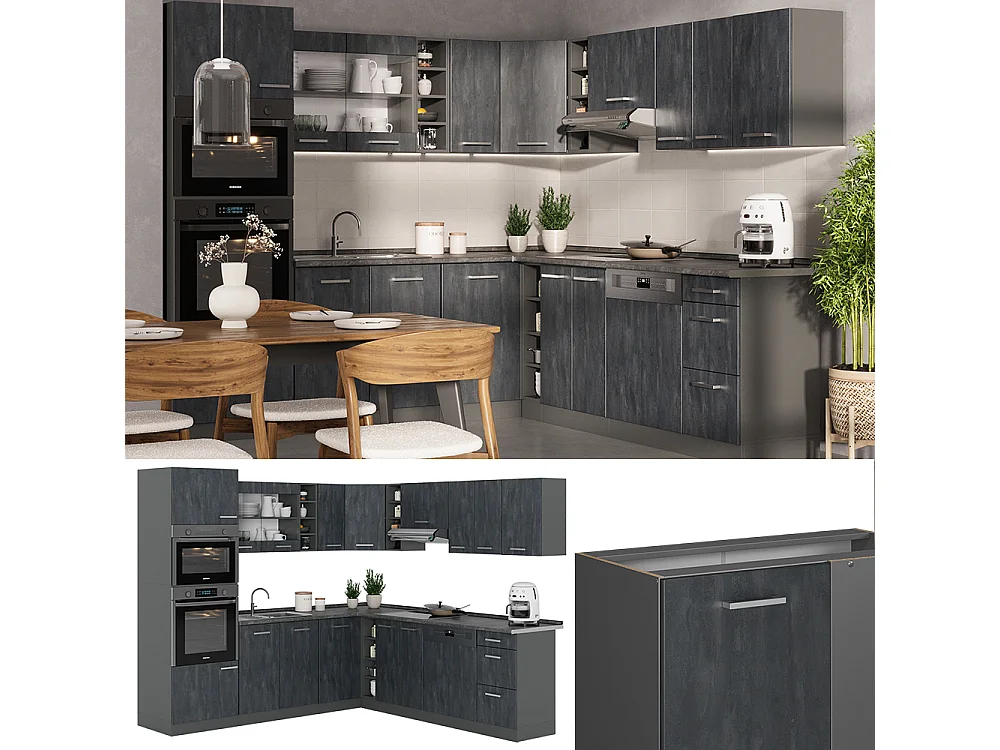 Cuisine en angle noir béton/anthracite 247x60x81.6 r-line