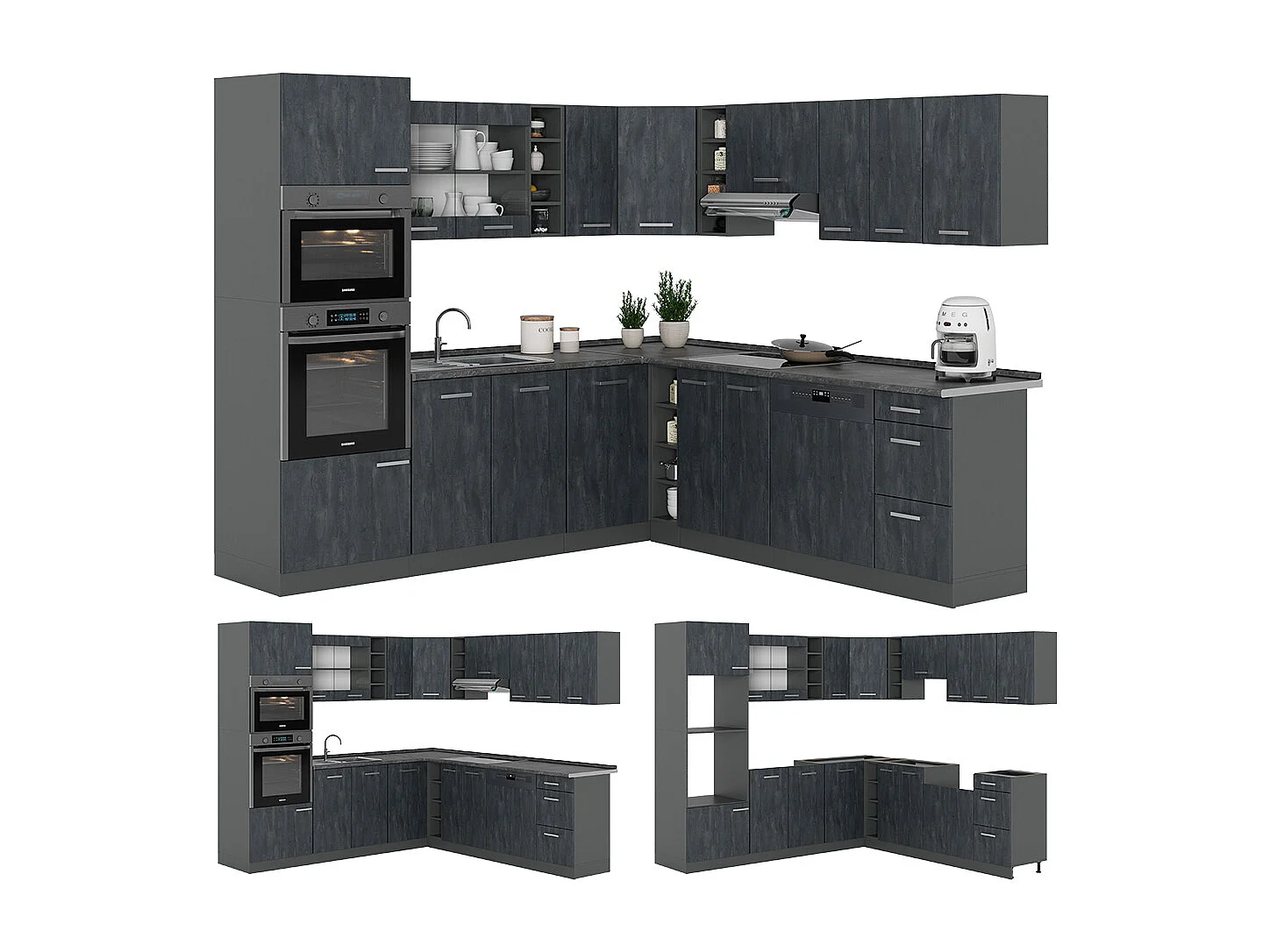 Cuisine en angle noir béton/anthracite 247x60x81.6 r-line