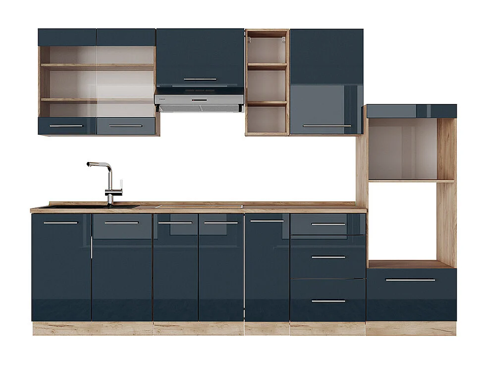 Cuisine bleu foncé brillant/chêne doré 280x60x81.6 fame-line