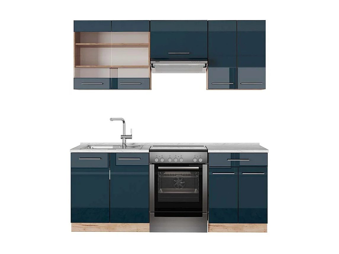 armarios de cocina azul oscuro alto brillo/roble dorado 200x60x81.6 fame-line