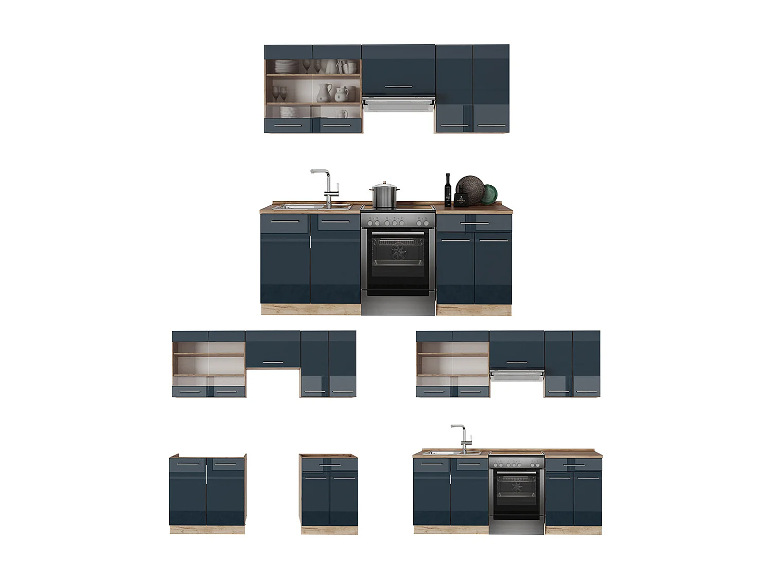 armarios de cocina azul oscuro alto brillo/roble dorado 200x60x81.6 fame-line