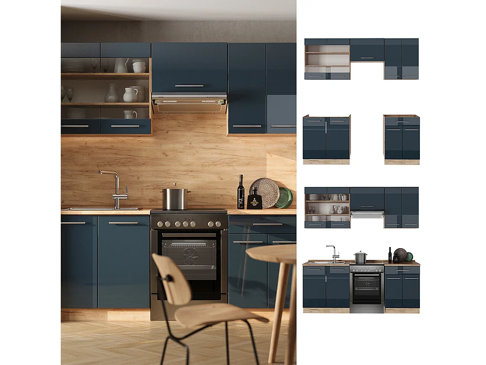 Armoires de cuisine bleu foncé brillant/chêne doré 200x60x81.6 fame-line