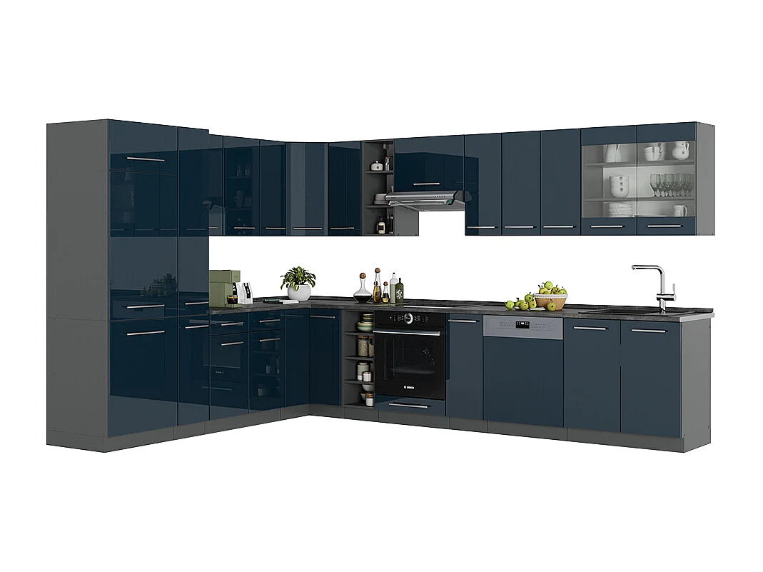 Cocina esquinera azul oscuro alto brillo/antracita 347x60x81.6 fame-line