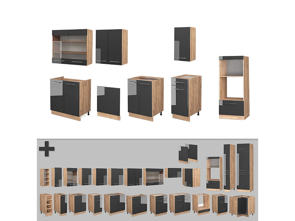 Küchenzeile anthrazit hochglanz/goldkraft eiche 300x60x81.6 fame-line