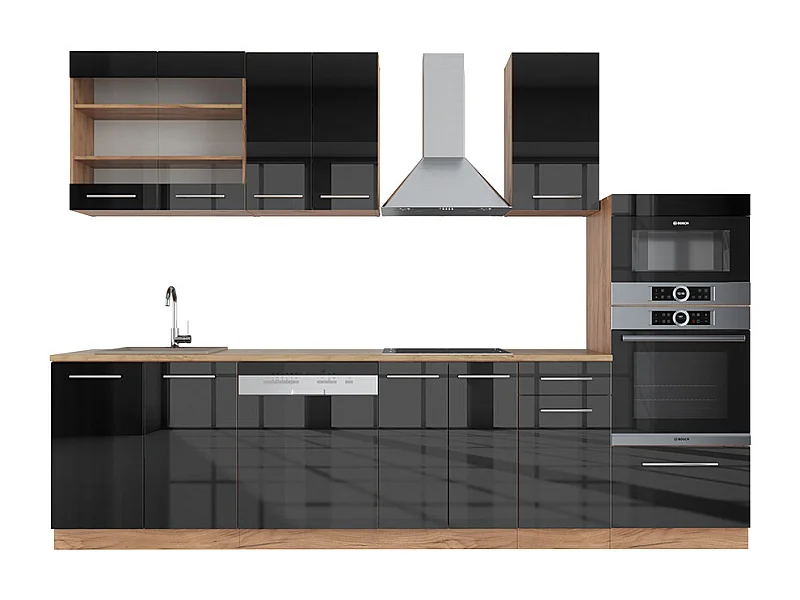 Küchenzeile anthrazit hochglanz/goldkraft eiche 300x60x81.6 fame-line