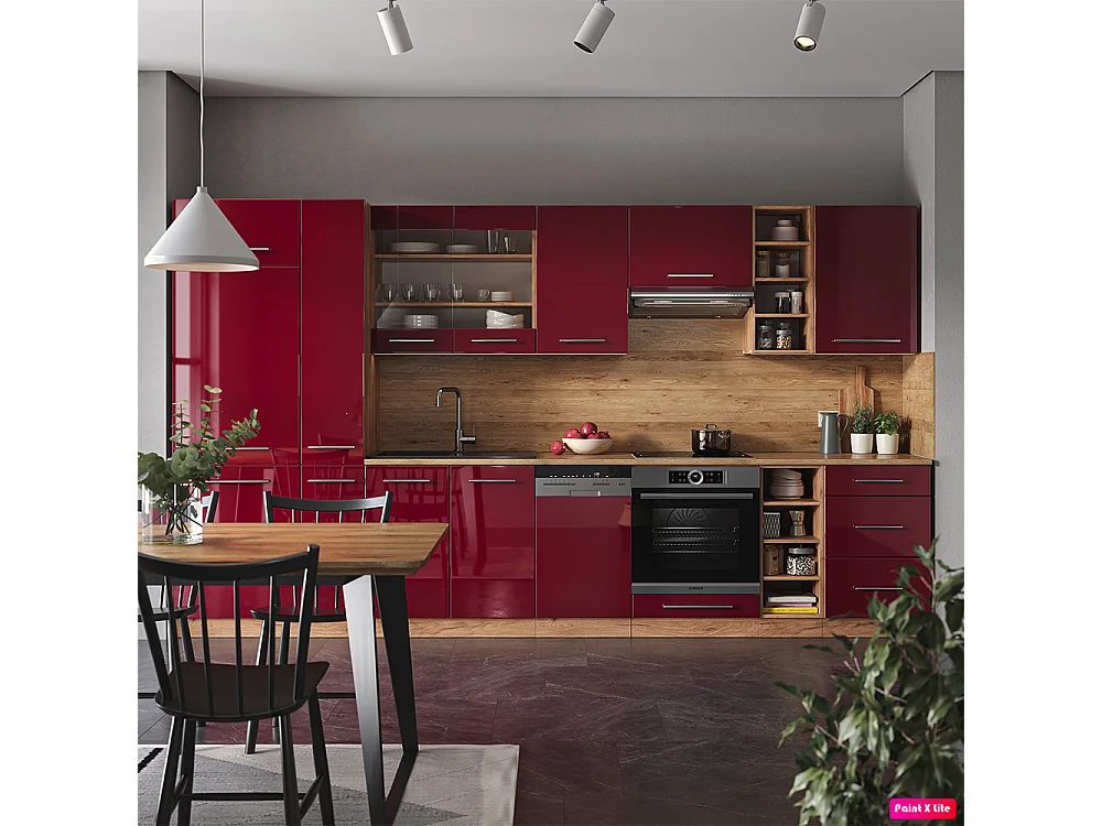 Küchenzeile bordeaux hochglanz/goldkraft eiche 355x60x81.6 fame-line