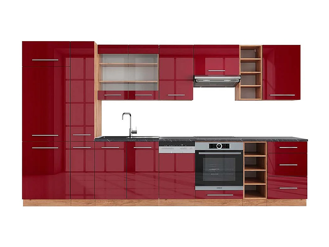 Küchenzeile bordeaux hochglanz/goldkraft eiche 355x60x81.6 fame-line