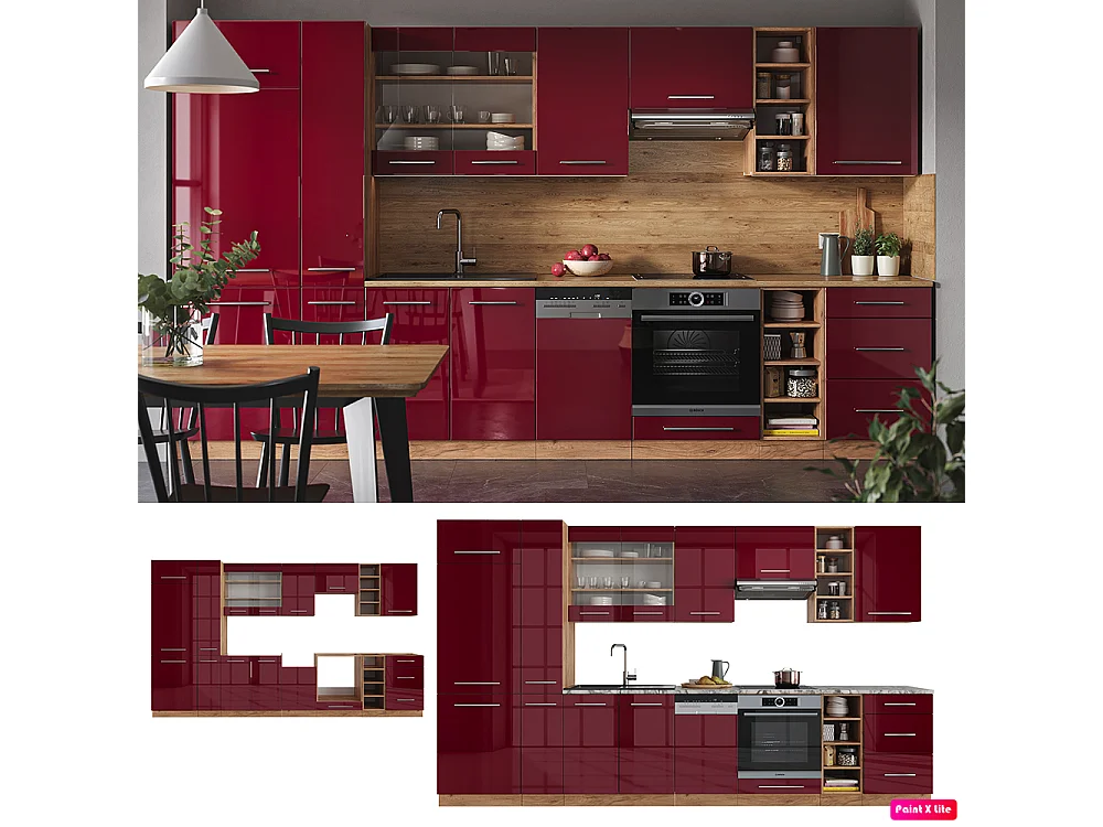 Küchenzeile bordeaux hochglanz/goldkraft eiche 355x60x81.6 fame-line