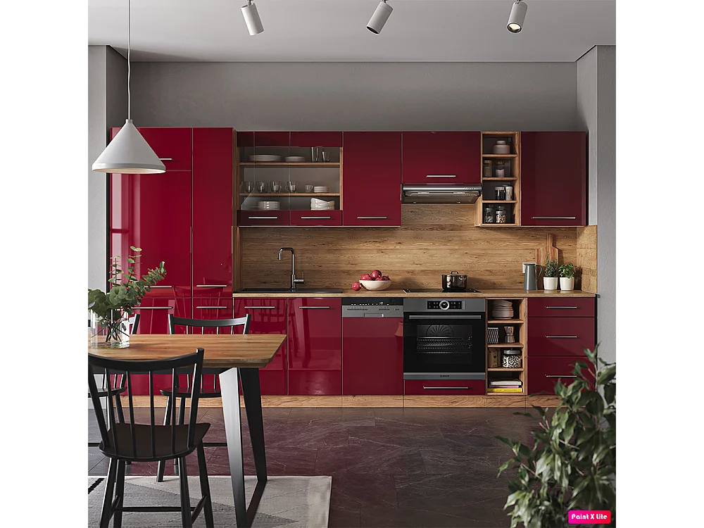 Cuisine bordeaux brillant/chêne doré 355x60x81.6 fame-line