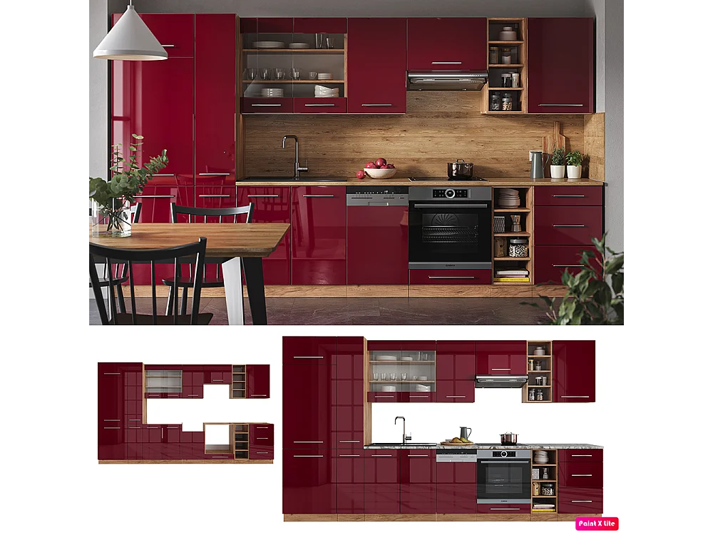 Cuisine bordeaux brillant/chêne doré 355x60x81.6 fame-line