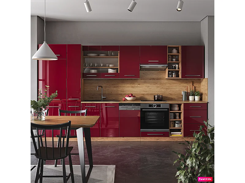 Küchenzeile bordeaux hochglanz/goldkraft eiche 355x60x81.6 fame-line