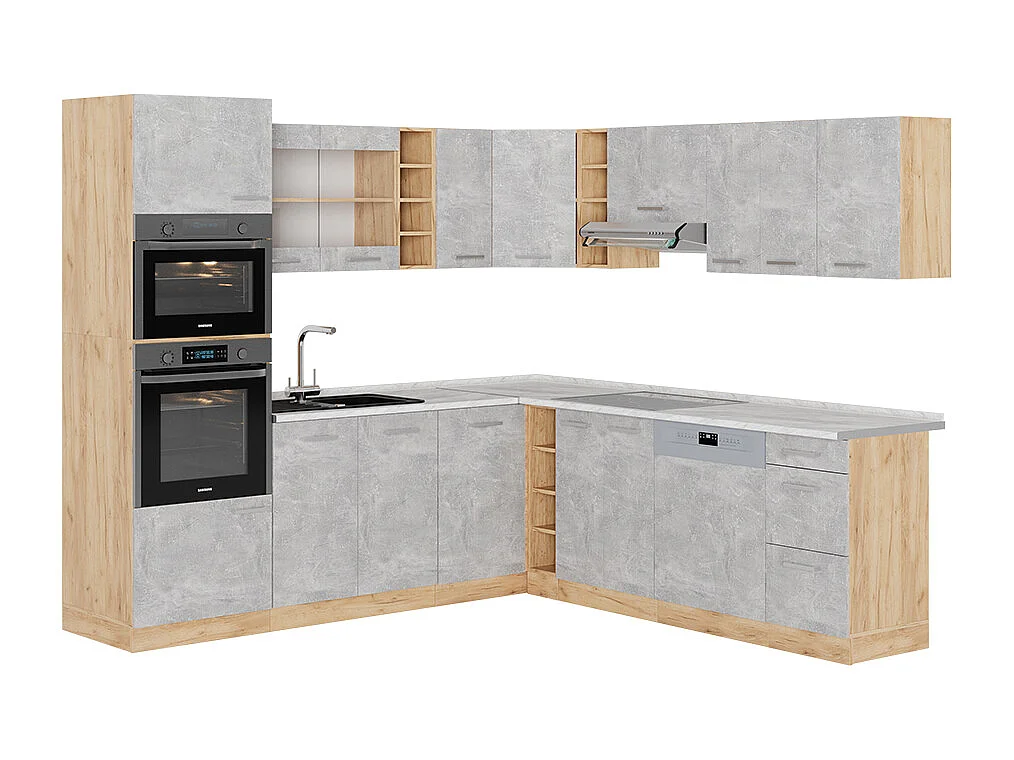 Cuisine en angle béton/force dor chêne 247x60x81.6 r-line