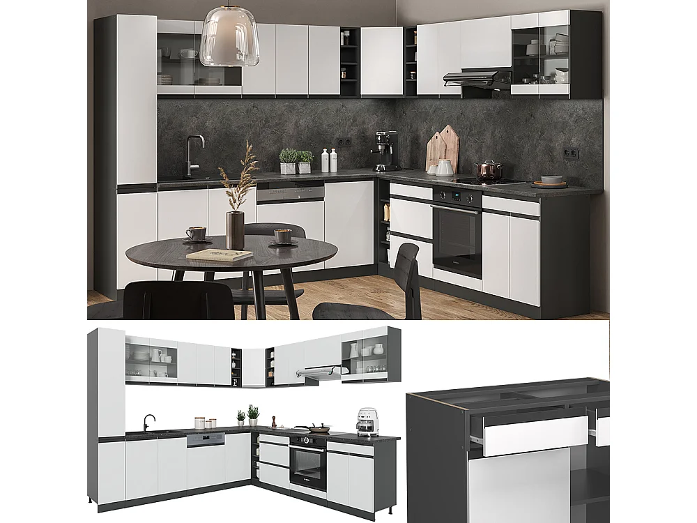 Hjørnekøkken hvid 257x46x81.6 r-line