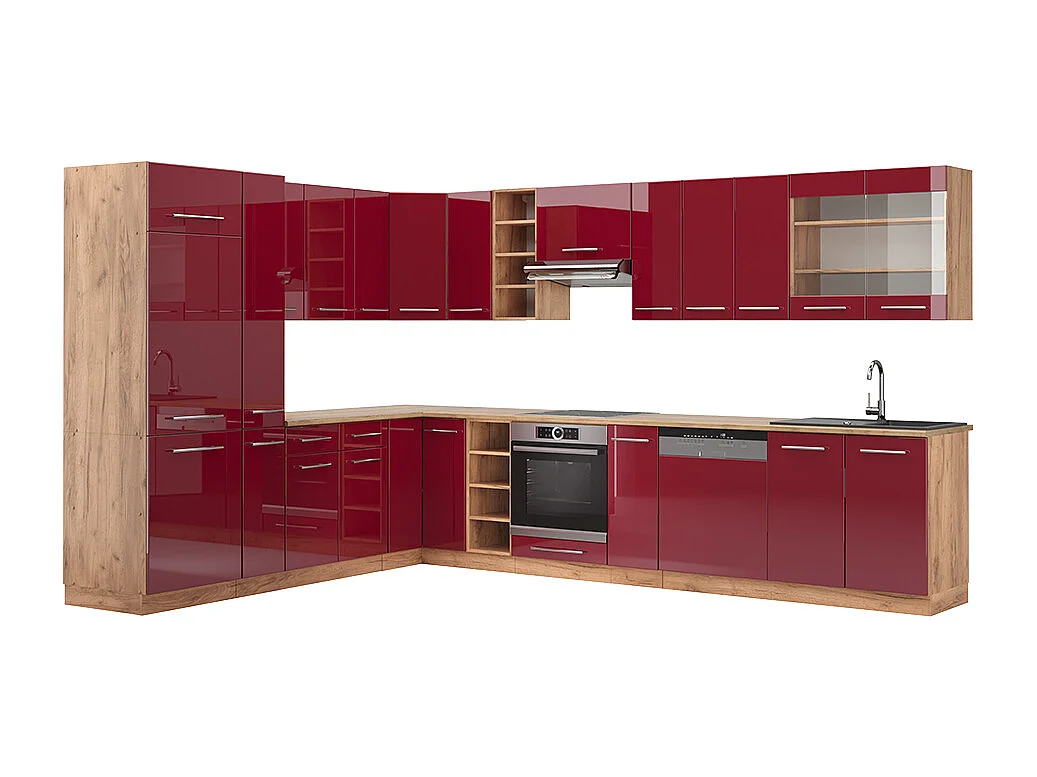 Cucina angolare completa bordeaux lucido/rovere dorato 347x46x81.6 fame-line