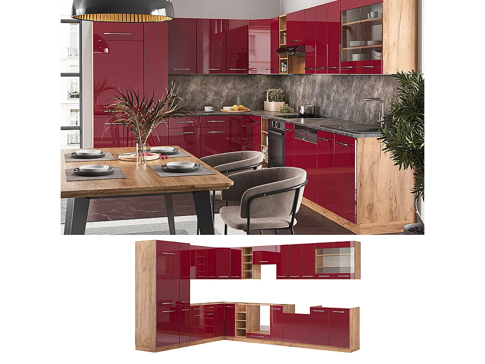 Cucina angolare completa bordeaux lucido/rovere dorato 347x46x81.6 fame-line