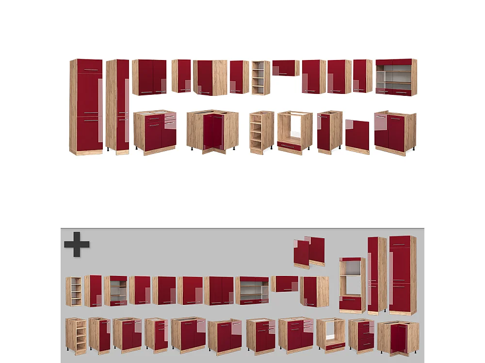 Cucina angolare completa bordeaux lucido/rovere dorato 347x46x81.6 fame-line