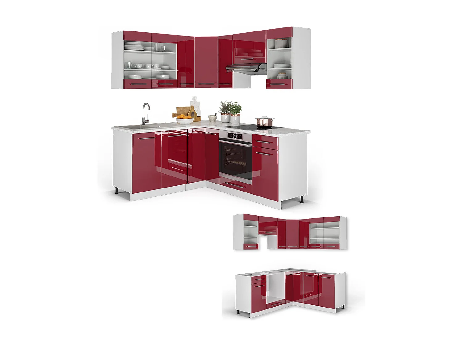 Cocina esquinera burdeos brillo intenso/blanco 190x60x81.6 fame-line