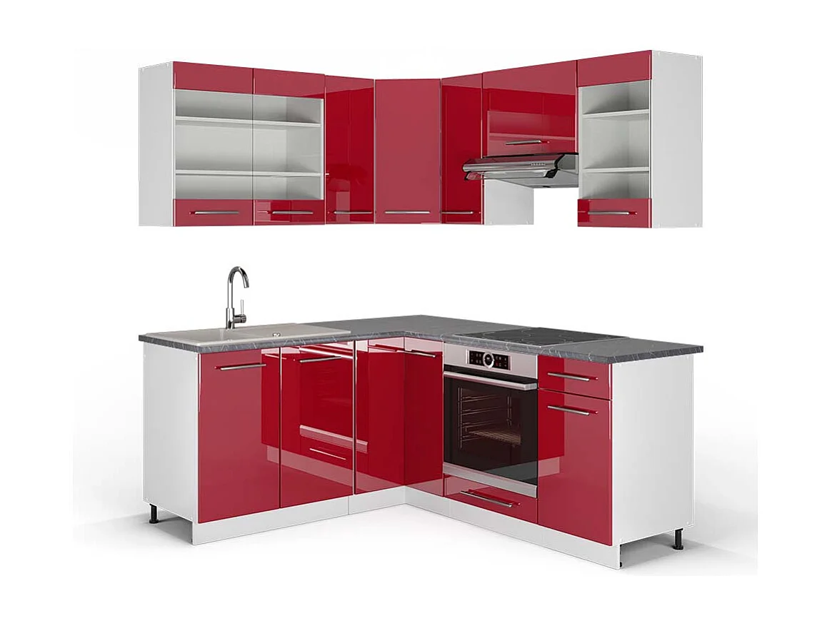 Cuisine en angle bordeaux haute brillance/blanc 190x60x81.6 fame-line