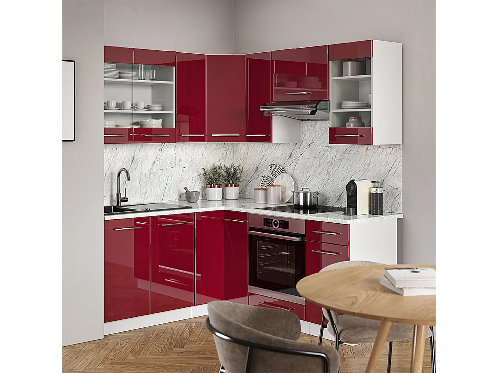 Cuisine en angle bordeaux haute brillance/blanc 190x60x81.6 fame-line