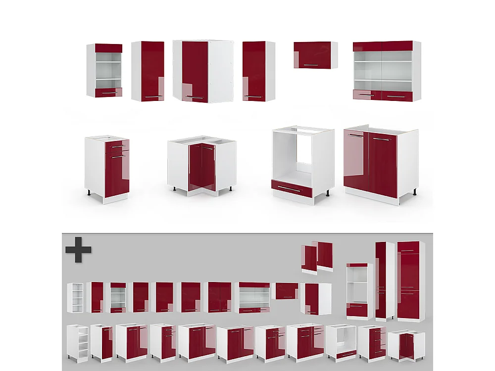 Cuisine en angle bordeaux haute brillance/blanc 190x60x81.6 fame-line