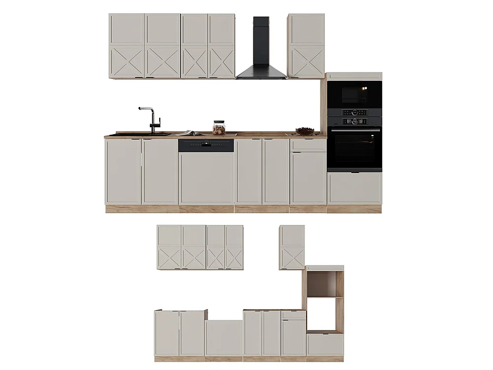 Mueble de cocina gris/beige/roble dorado 300x46x81.6 fame-line