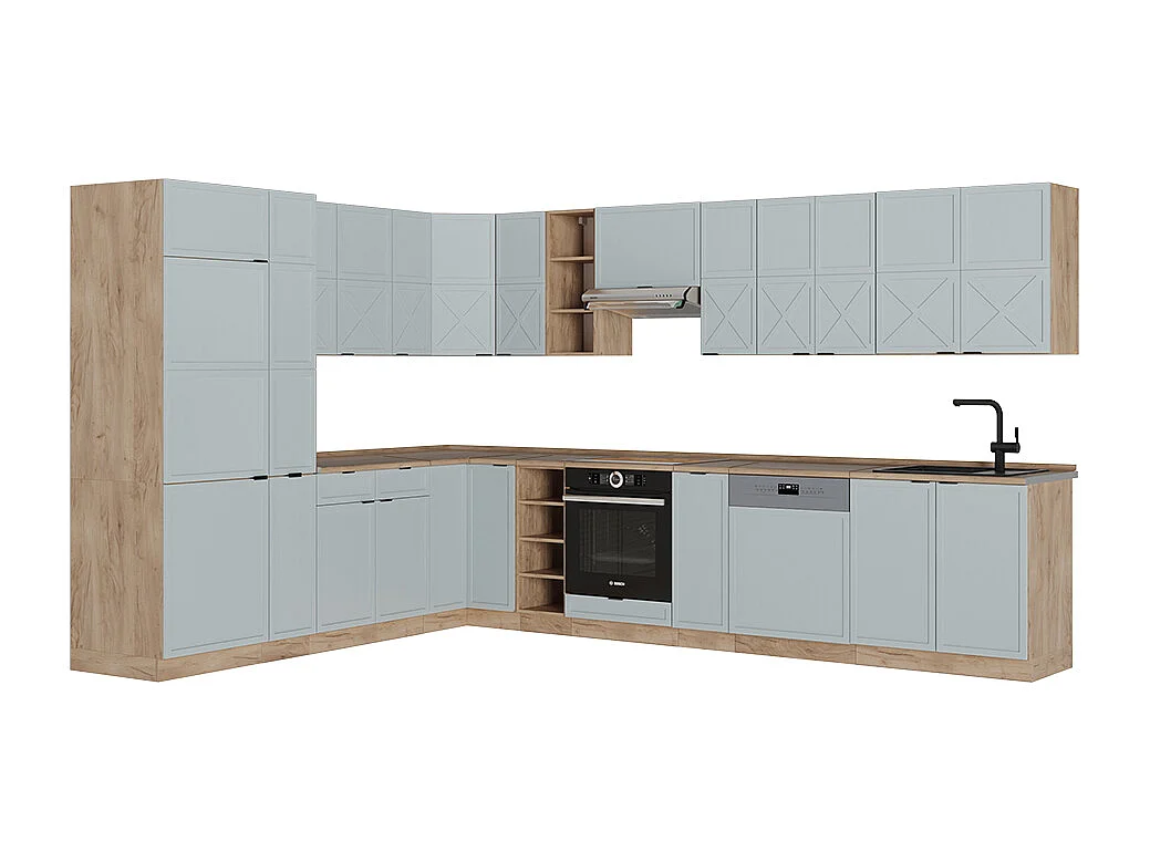 Cuisine en angle bleu clair-gris/chêne force dor 347x60x81.6 fame-line