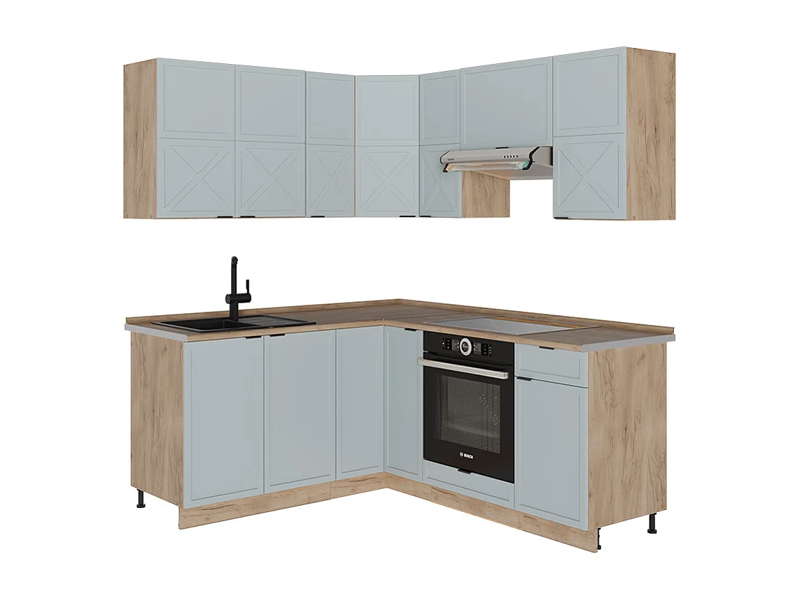 Cuisine en angle bleu clair-gris/chêne force dor 190x60x81.6 fame-line