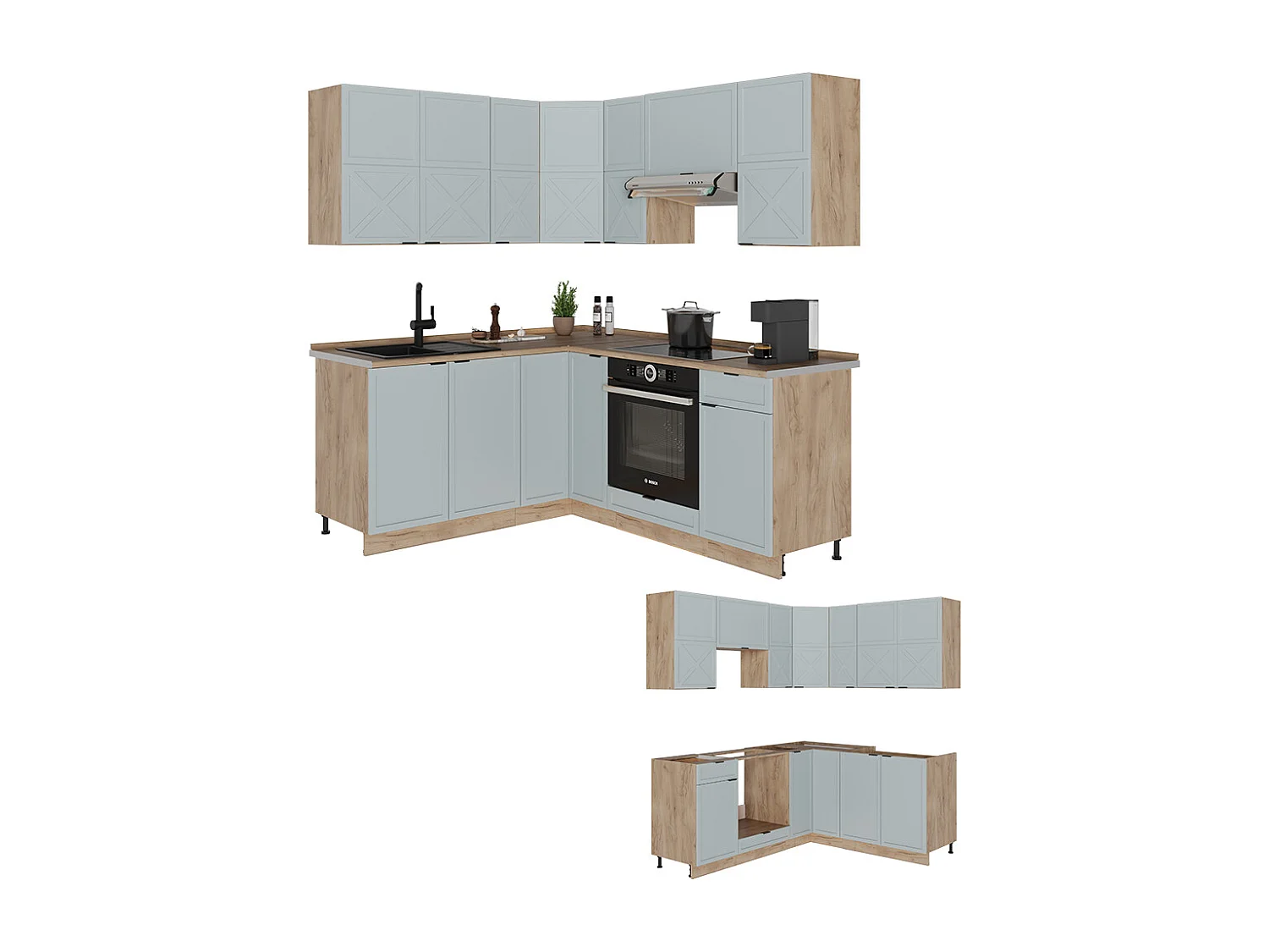Cuisine en angle bleu clair-gris/chêne force dor 190x60x81.6 fame-line