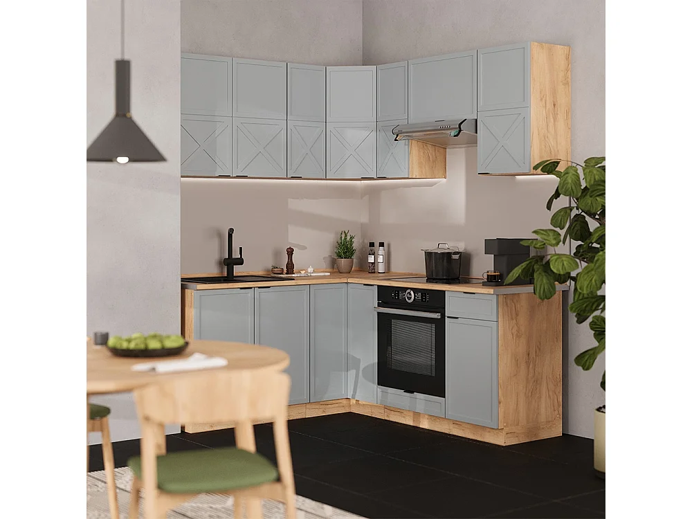 Hjørnekøkken lys blågrå/gylden eg 190x60x81.6 fame-line