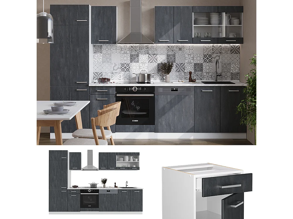 Mueble de cocina hormigón negro/blanco 300x46x81.6 r-line