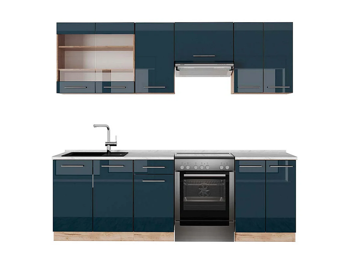 Mueble de cocina azul oscuro alto brillo/roble dorado 240x60x81.6 fame-line
