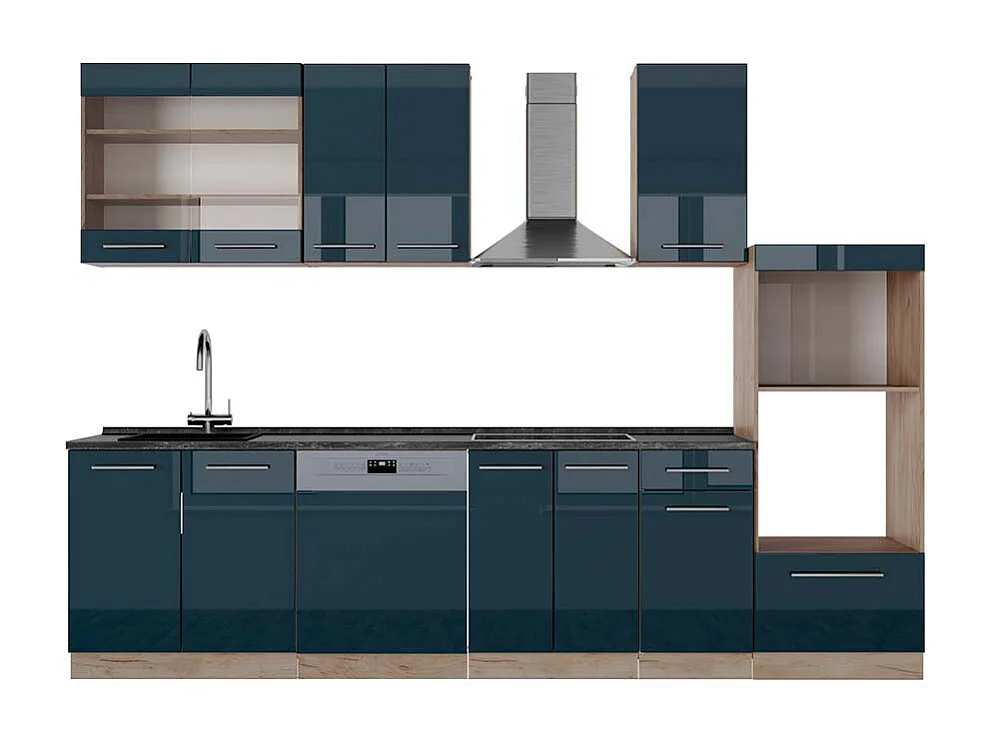 Køkkenrække mørkeblå højglans/gylden eg 300x60x81.6 fame-line