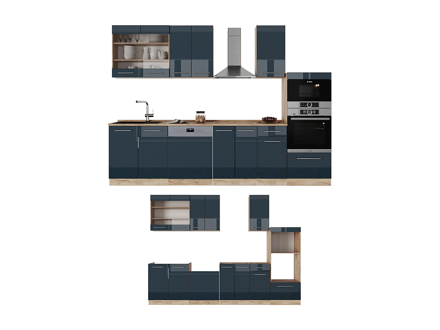 Køkkenrække mørkeblå højglans/gylden eg 300x60x81.6 fame-line