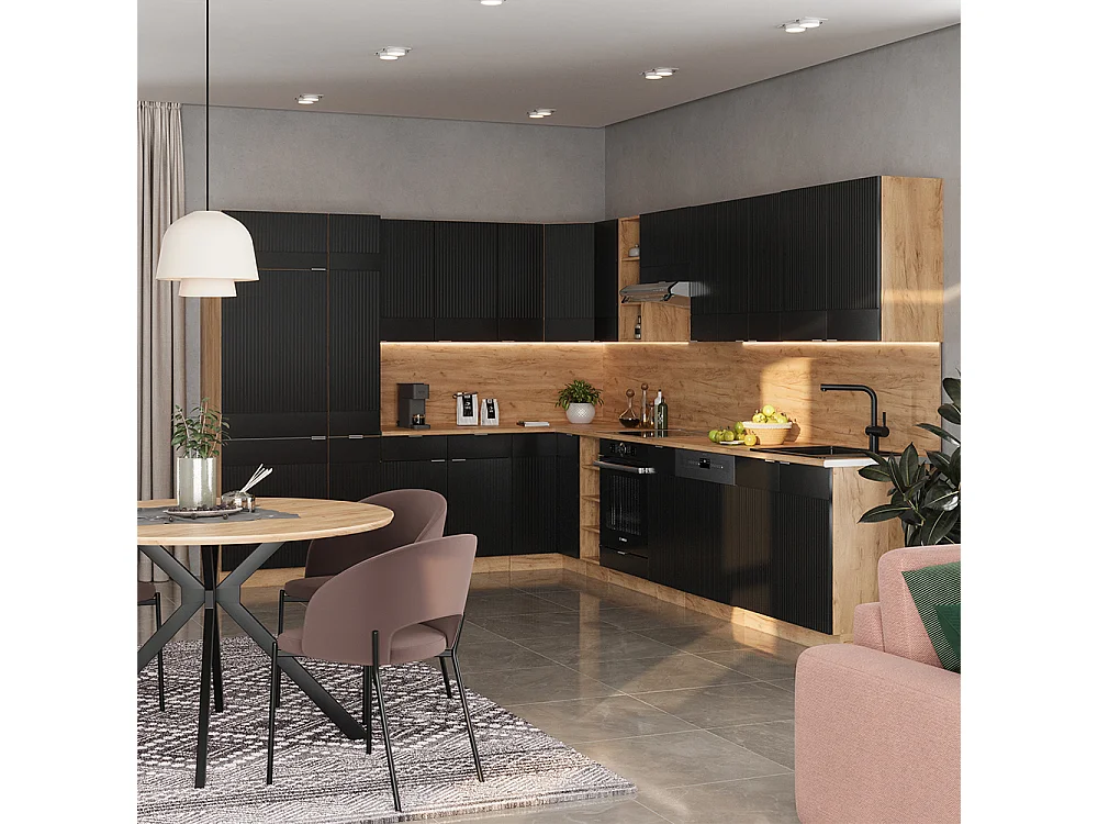 Cuisine en angle noir rayé/chêne doré 347x60x81.6 fame-line