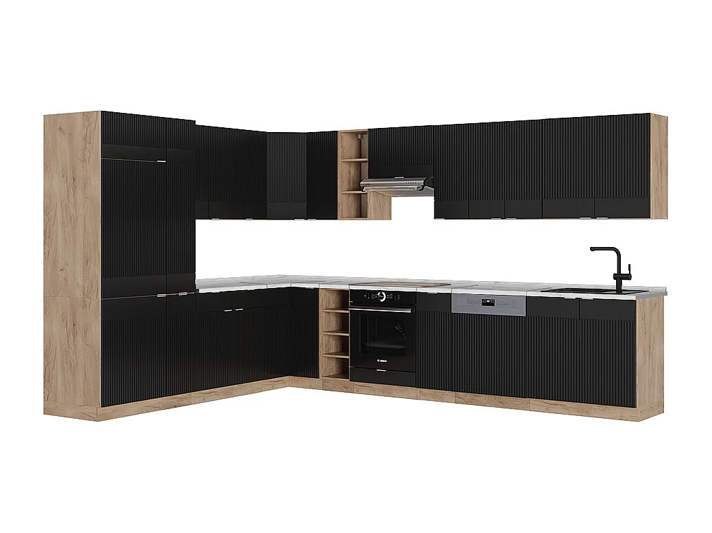 Cuisine en angle noir rayé/chêne doré 347x60x81.6 fame-line