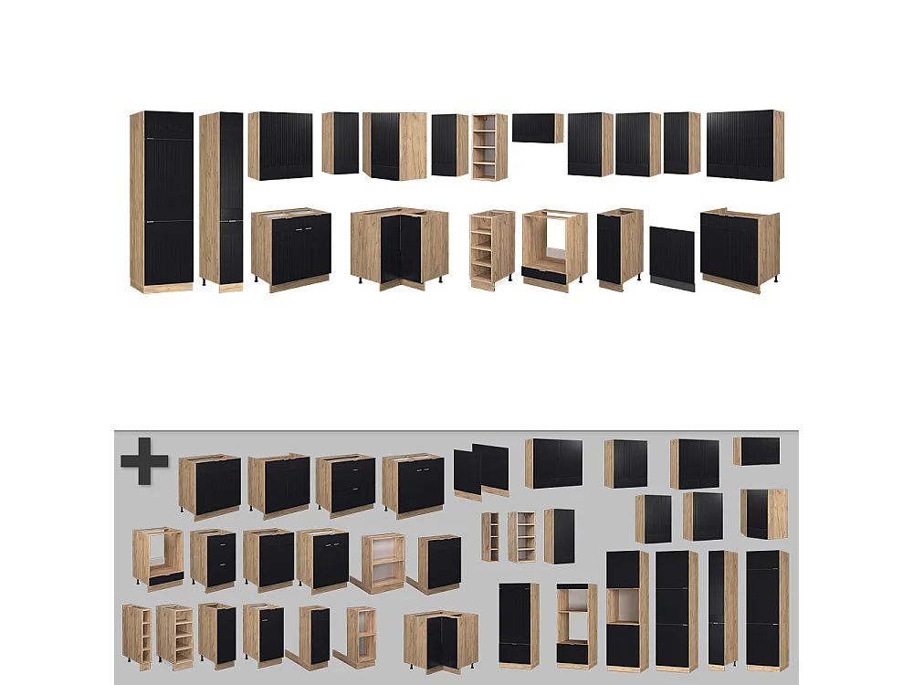 Cuisine en angle noir rayé/chêne doré 347x60x81.6 fame-line